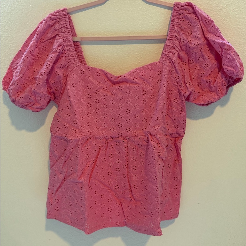 Posh Peanut Pink Eyelet Peplum Puff-Sleeve Top - Picture 3 of 6